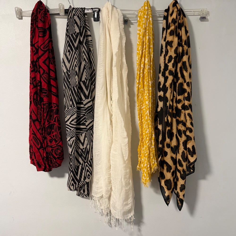 Lot of 5 Women Fashion Scarves Geometric Leopard Tribal Crinkle Gauze Bundle